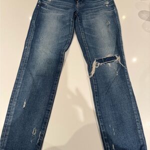 Moussy Distressed Straight Leg Jeans in Blue